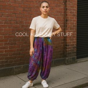 TUCAN TANGO Tie Dye Harem Pants Purple Blue Rust Pullover On Rayon Medium